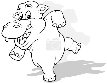 Téléchargez les illustrations : Dessin d'un drôle d'hippopotame dansant sur les jambes postérieures Illustration de bande dessinée isolée sur fond blanc, vecteur - en licence libre de droit