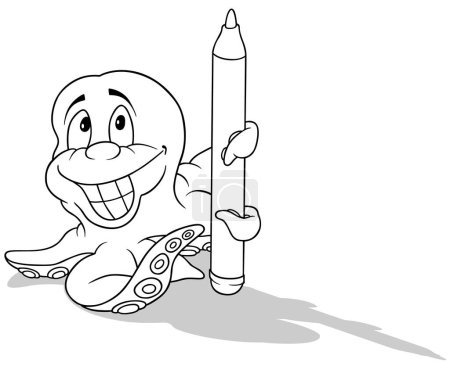 Illustration for Drawing of an Octopus with a Big Smile Holding a Felt-tip Pen in Tentacle - Cartoon Illustration Isolated on White Background, Vector - Royalty Free Image