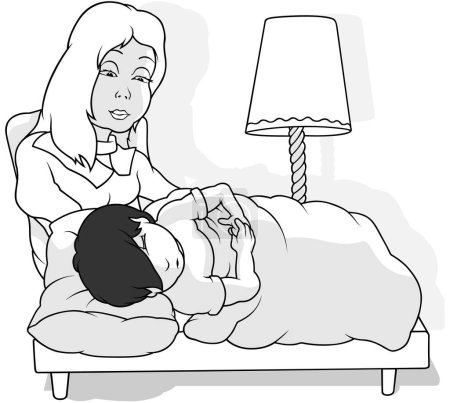 Téléchargez les illustrations : Dessin d'un garçon endormi aux cheveux noirs au lit avec sa mère assise sur une chaise en arrière-plan - Illustration de bande dessinée isolée sur fond blanc, vecteur - en licence libre de droit
