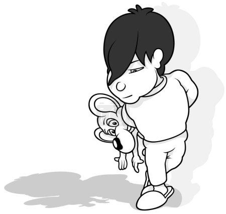 Téléchargez les illustrations : Dessin d'un garçon cachant une souris en peluche derrière son dos Illustration de bande dessinée isolé sur fond blanc, vecteur - en licence libre de droit