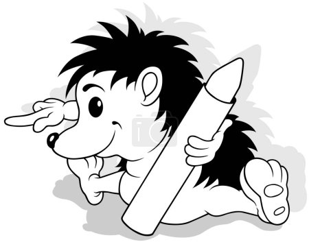 Ilustración de Dibujo de un erizo sentado con un lápiz de cera en su pata - Ilustración de dibujos animados aislados sobre fondo blanco, Vector - Imagen libre de derechos
