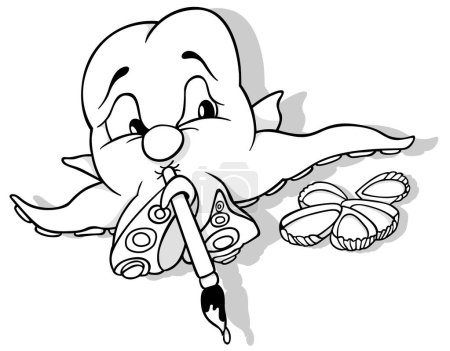Téléchargez les illustrations : Dessin d'une pieuvre tenant un pinceau dans sa tente Illustration de bande dessinée isolée sur fond blanc, vectoriel - en licence libre de droit