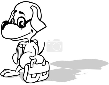 Téléchargez les illustrations : Dessin d'un chien avec une mallette d'école et un livre sous son bras Illustration de bande dessinée isolé sur fond blanc, vecteur - en licence libre de droit