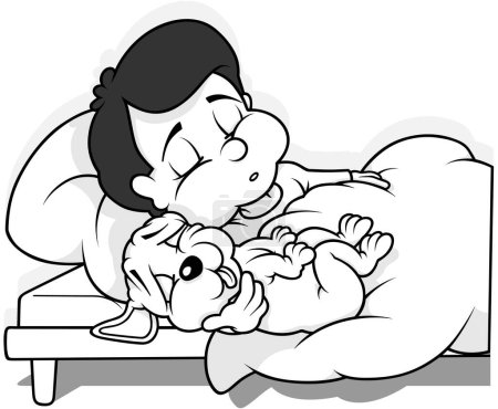 Illustration for Drawing of a Black-haired Boy and Puppy Sleeping in Bed - Cartoon Illustration Isolated on White Background, Vector - Royalty Free Image