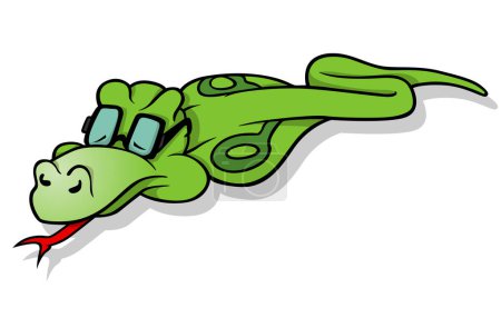 Illustration for Green Cobra Sleeping on the Ground with Tongue Out - Colored Cartoon Illustration Isolated on White Background, Vector - Royalty Free Image