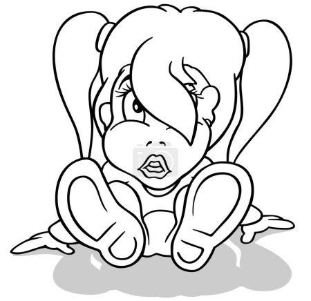 Téléchargez les illustrations : Dessin d'une petite fille à queue de cheval assise sur le sol Illustration de bande dessinée isolée sur fond blanc, vecteur - en licence libre de droit