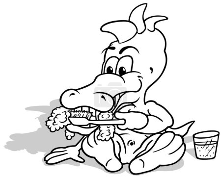 Illustration for Drawing of a Sitting Crocodile Brushing his Teeth with a Toothbrush - Cartoon Illustration Isolated on White Background, Vector - Royalty Free Image