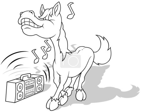 Téléchargez les illustrations : Dessin d'un cheval dansant à la musique à partir d'un magnétophone Illustration de bande dessinée isolé sur fond blanc, vecteur - en licence libre de droit