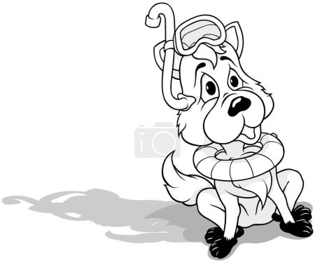 Téléchargez les illustrations : Dessin d'un renard assis au sol avec un équipement de plongée et un anneau de natation Illustration de bande dessinée isolé sur fond blanc, vecteur - en licence libre de droit