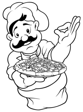 Ilustración de Dibujo de un chef sosteniendo una pizza - Ilustración de dibujos animados aislados sobre fondo blanco, Vector - Imagen libre de derechos
