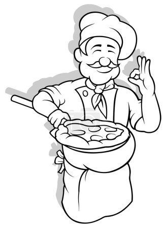 Ilustración de Dibujo de un chef sosteniendo una pizza - Ilustración de dibujos animados aislados sobre fondo blanco, Vector - Imagen libre de derechos