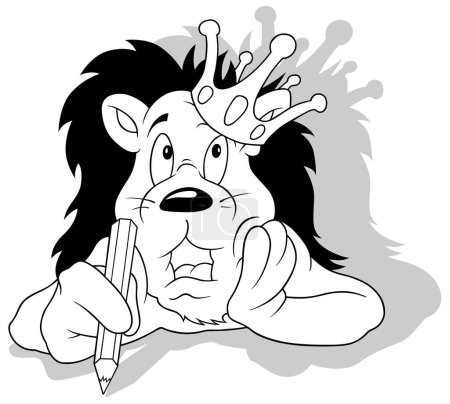 Ilustración de Dibujo de un rey león con una corona en la cabeza y un lápiz en la pata - Ilustración de dibujos animados aislados sobre fondo blanco, Vector - Imagen libre de derechos
