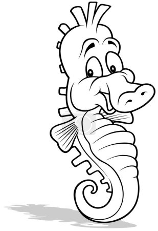 Téléchargez les illustrations : Dessin d'un hippocampe souriant - Illustration de bande dessinée isolée sur fond blanc, vecteur - en licence libre de droit