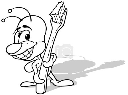 Ilustración de Dibujo de un escarabajo de pie con una gran sonrisa sosteniendo un cepillo de dientes - Ilustración de dibujos animados aislados sobre fondo blanco, Vector - Imagen libre de derechos