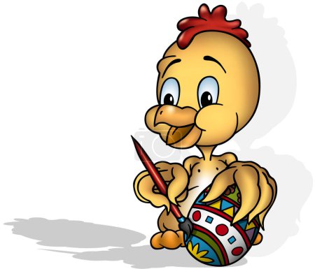 Illustration for A Yellow Chick Paints an Easter Egg with a Red Paintbrush - Colored Cartoon Illustration Isolated on White Background, Vector - Royalty Free Image