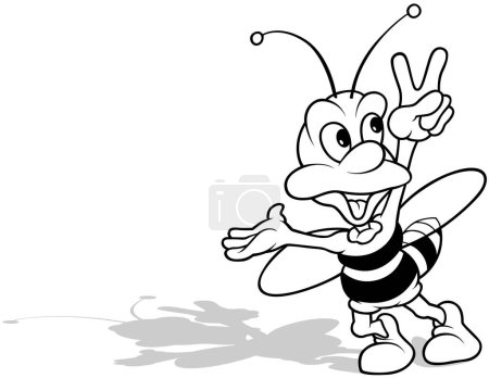 Ilustración de Dibujo de una abeja sonriente con una mano levantada que muestra la victoria - Ilustración de dibujos animados aislados sobre fondo blanco, Vector - Imagen libre de derechos