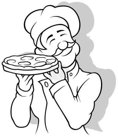 Téléchargez les illustrations : Dessin d'un chef tenant une pizza Illustration de bande dessinée isolée sur fond blanc, vecteur - en licence libre de droit