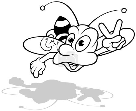 Téléchargez les illustrations : Dessin d'une drôle d'abeille volante montrant la victoire - Illustration de bande dessinée isolée sur fond blanc, vecteur - en licence libre de droit
