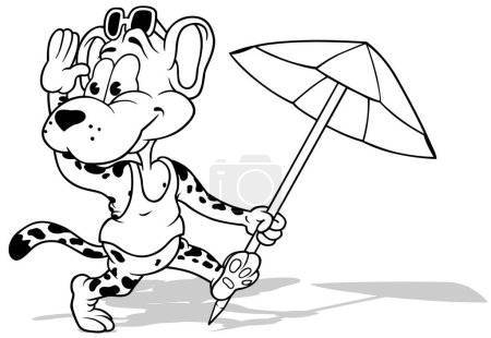 Illustration for Drawing of a Cheerful Leopard with a Parasol in its Paw - Cartoon Illustration Isolated on White Background, Vector - Royalty Free Image