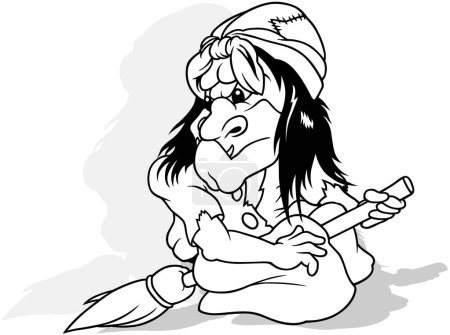 Téléchargez les illustrations : Dessin d'une vilaine sorcière en vêtements déchirés assis sur un balai Illustration de bande dessinée isolé sur fond blanc, vecteur - en licence libre de droit