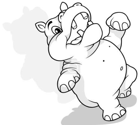 Téléchargez les illustrations : Dessin d'un hippopotame à bouche ouverte dansant sur le sol Illustration de bande dessinée isolée sur fond blanc, vecteur - en licence libre de droit