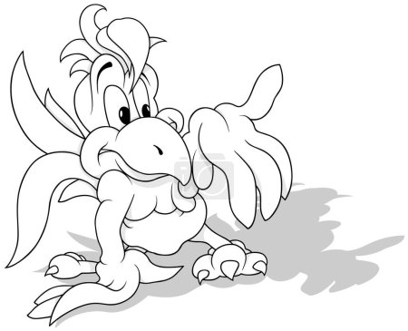 Téléchargez les illustrations : Dessin d'un perroquet debout avec aile surélevée - Illustration de bande dessinée isolée sur fond blanc, vecteur - en licence libre de droit