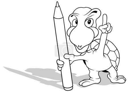 Téléchargez les illustrations : Dessin d'une tortue pointant du doigt et tenant un stylo feutre Illustration de bande dessinée isolée sur fond blanc, vecteur - en licence libre de droit