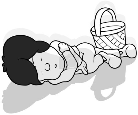 Ilustración de Dibujo de un niño de pelo negro duerme en el suelo junto a una canasta de mimbre - Ilustración de dibujos animados aislado sobre fondo blanco, Vector - Imagen libre de derechos