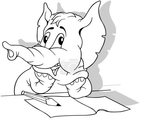 Ilustración de Dibujo de un elefante en un escritorio con un lápiz y papel - Ilustración de dibujos animados aislados sobre fondo blanco, Vector - Imagen libre de derechos