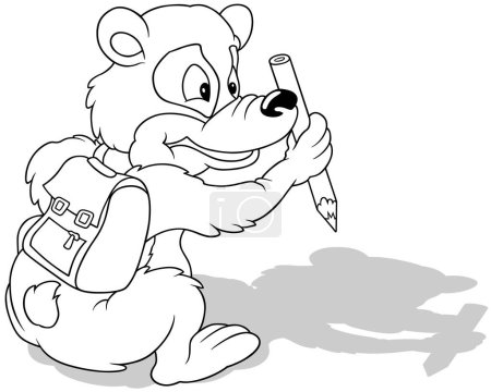 Ilustración de Dibujo de un oso de peluche sentado con una bolsa de escuela en la espalda y un lápiz en la pata - Ilustración de dibujos animados aislado sobre fondo blanco, Vector - Imagen libre de derechos