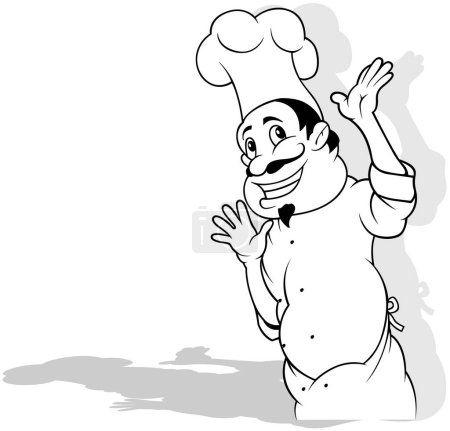 Téléchargez les illustrations : Dessin d'un chef souriant en uniforme blanc gesticulant avec ses mains - Illustration de bande dessinée isolée sur fond blanc, vecteur - en licence libre de droit