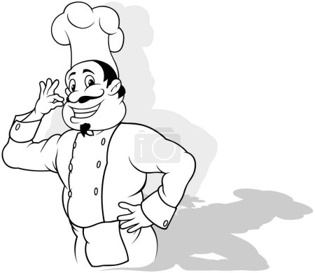Téléchargez les illustrations : Dessin d'un chef souriant en uniforme blanc montrant que la nourriture est une délicatesse - Illustration de bande dessinée isolée sur fond blanc, vecteur - en licence libre de droit