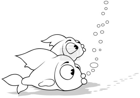 Téléchargez les illustrations : Dessin de deux petits poissons marins avec bulles Illustration de bande dessinée isolé sur fond blanc, vecteur - en licence libre de droit