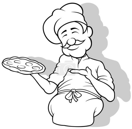 Téléchargez les illustrations : Dessin d'un chef tenant une pizza Illustration de bande dessinée isolée sur fond blanc, vecteur - en licence libre de droit