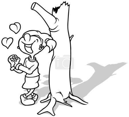 Ilustración de Dibujo de una joven amorosa con coletas de pie junto a un árbol - Ilustración de dibujos animados aislados sobre fondo blanco, Vector - Imagen libre de derechos