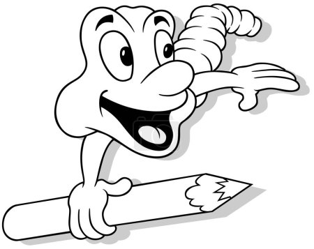 Téléchargez les illustrations : Dessin d'un ver avec un grand sourire tenant un crayon Illustration de bande dessinée isolé sur fond blanc, vecteur - en licence libre de droit