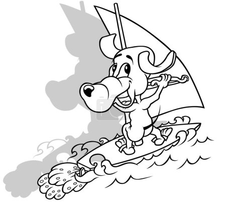 Illustration for Drawing of a Laughing Doggy Surfing on the Sea Waves - Cartoon Illustration Isolated on White Background, Vector - Royalty Free Image