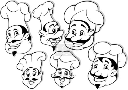 Téléchargez les illustrations : Dessin de six têtes de cuisinier souriantes Illustrations de bande dessinée isolées sur fond blanc, vectoriel - en licence libre de droit