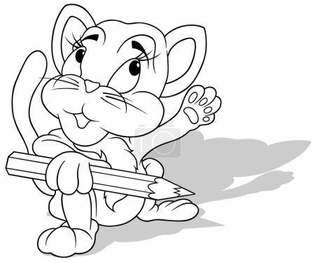Téléchargez les illustrations : Dessin d'un chat tenant un crayon dans sa patte Illustration de bande dessinée isolé sur fond blanc, vecteur - en licence libre de droit