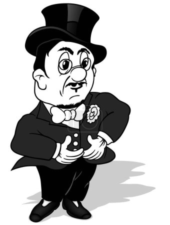 Téléchargez les illustrations : Dessin d'une figure de bâton dans un tailcoat avec un chapeau haut de forme sur la tête Illustration de bande dessinée isolée sur fond blanc, vectoriel - en licence libre de droit