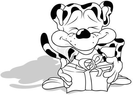 Ilustración de Dibujo de un leopardo sonriente con un regalo en sus patas - Ilustración de dibujos animados aislados sobre fondo blanco, Vector - Imagen libre de derechos