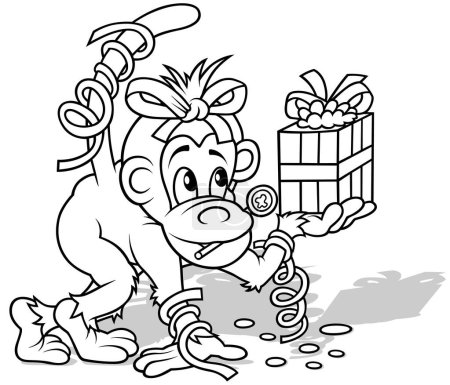 Ilustración de Un dibujo de un mono con un arco en la cabeza y un regalo en la pata en una celebración - Ilustración de dibujos animados aislados sobre fondo blanco, Vector - Imagen libre de derechos