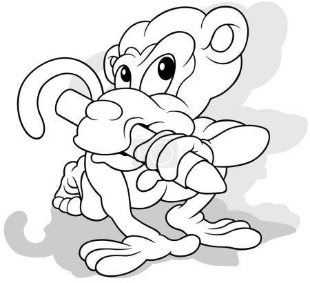Ilustración de Un dibujo de un mono con un lápiz de cera en la boca - Ilustración de dibujos animados aislados sobre fondo blanco, Vector - Imagen libre de derechos