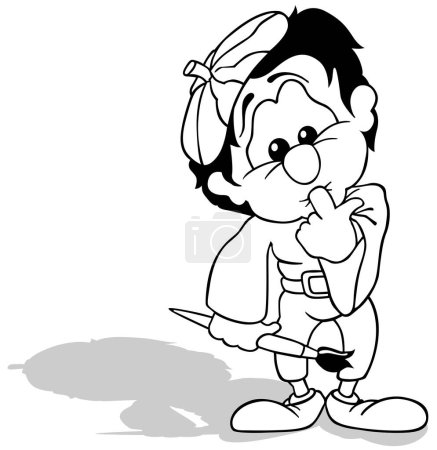 Ilustración de Dibujo de un niño de pelo negro como artista con un pincel en la mano - Ilustración de dibujos animados aislados sobre fondo blanco, Vector - Imagen libre de derechos