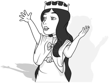 Ilustración de Dibujo de una reina de pelo negro en vestido con las manos levantadas - Ilustración de dibujos animados aislado sobre fondo blanco, Vector - Imagen libre de derechos