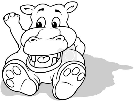Téléchargez les illustrations : Dessin d'un hippopotame souriant assis sur le sol Illustration de bande dessinée isolé sur fond blanc, vecteur - en licence libre de droit