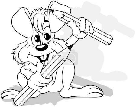 Dessin d'un lapin tenant deux crayons dans ses pattes Illustration de bande dessinée isolé sur fond blanc, vecteur