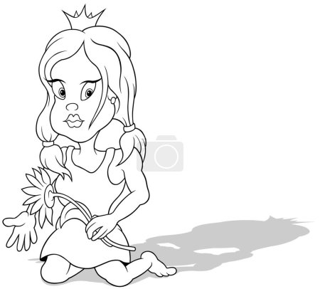 Téléchargez les illustrations : Dessin d'une princesse avec un tournesol à la main assise sur le sol Illustration de bande dessinée isolée sur fond blanc, vecteur - en licence libre de droit