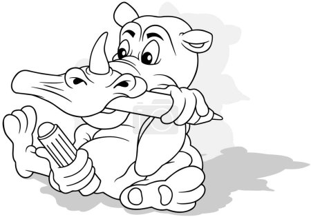 Téléchargez les illustrations : Dessin d'un rhinocéros avec marqueur est assis sur le sol Illustration de bande dessinée isolé sur fond blanc, vecteur - en licence libre de droit