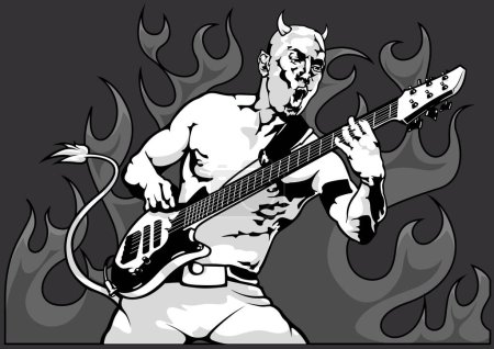 Illustration for Drawing of a Devil Guitarist with Flames in the Background - Black and White Illustration Isolated on Dark Gray Background, Vector - Royalty Free Image
